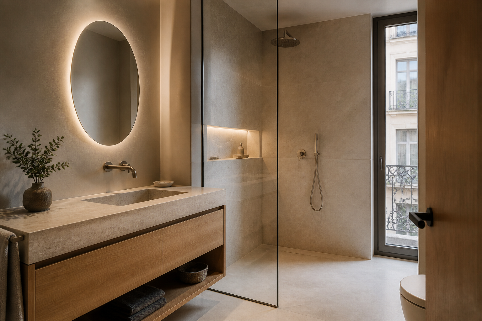Baño renovado con ducha abierta, piedra cálida, mueble suspendido de roble y luz indirecta