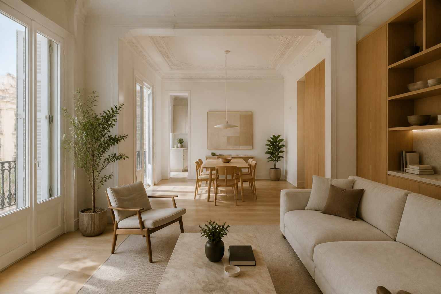 Piso luminoso de Barcelona tras una reforma integral, con salón abierto, molduras originales y carpintería de roble