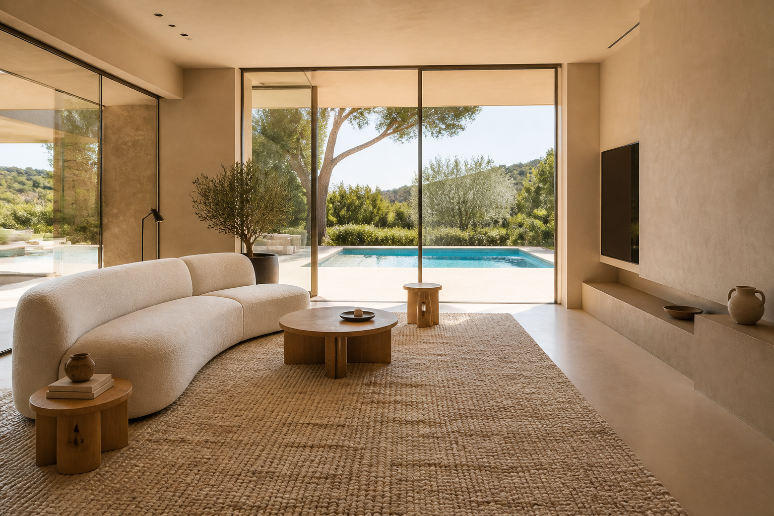 Salón contemporáneo de microcemento con gran alfombra texturizada en primer plano, cristalera de suelo a techo y piscina exterior